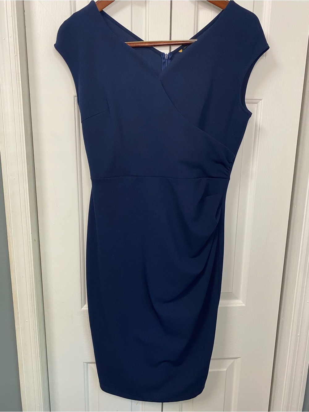 Miusol Navy Faux-Wrap Cap Sleeve Sheath Dress